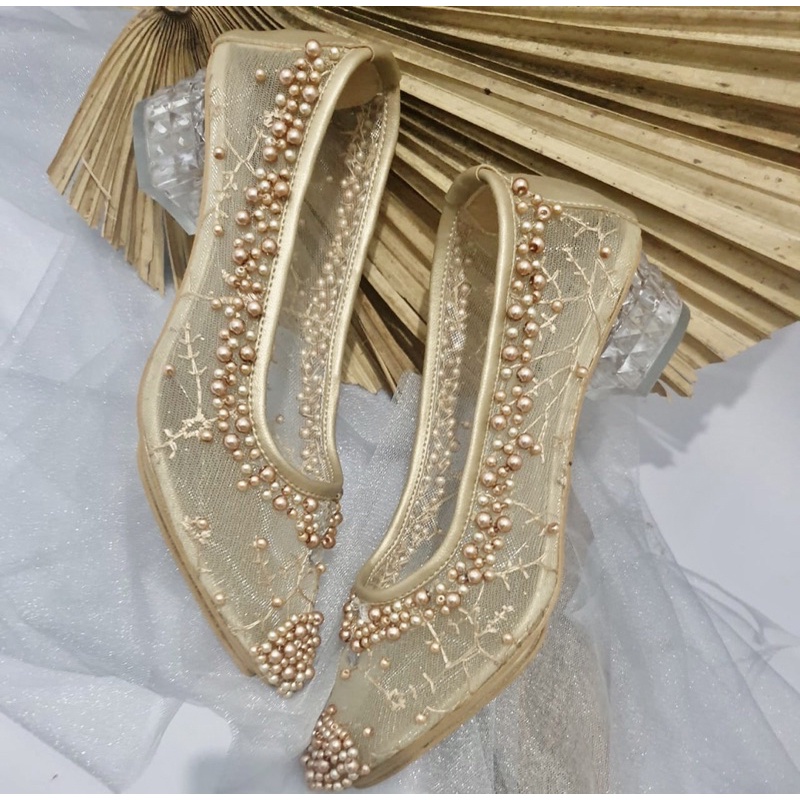 sepatu wedding gaga gold tinggi 3cm kaca