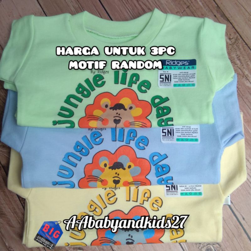 RIDGES 3PC Kaos Oblong Bayi Lengan Pendek Bergambar Dasar Warna Ukuran S M L XL SNI HIGHT QUALITY