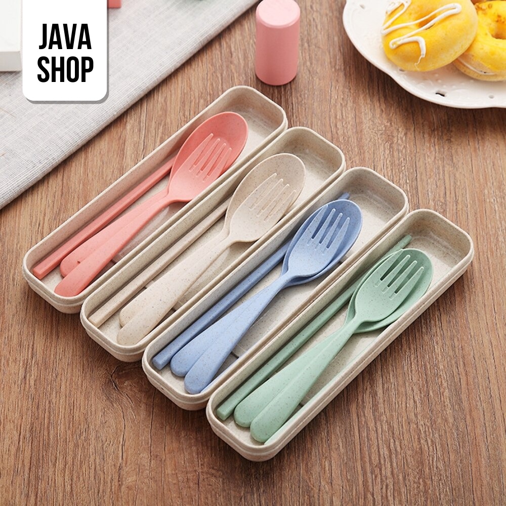 JAVASHOP Set Sendok Garpu Sumpit Travel Bahan Jerami Gandum