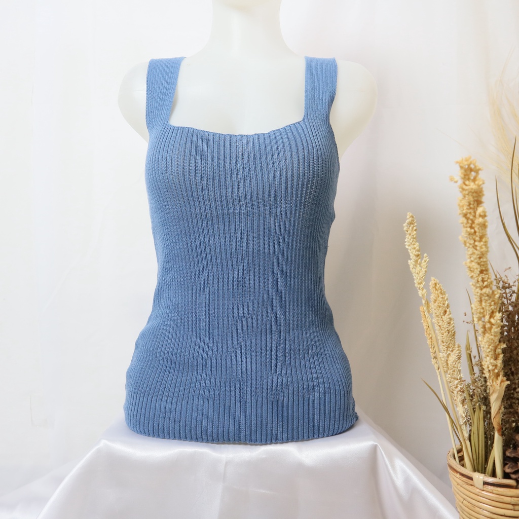 Tank Top Wanita Pakaian Atasan tanktop cewek korea rajut square neck-DENIM