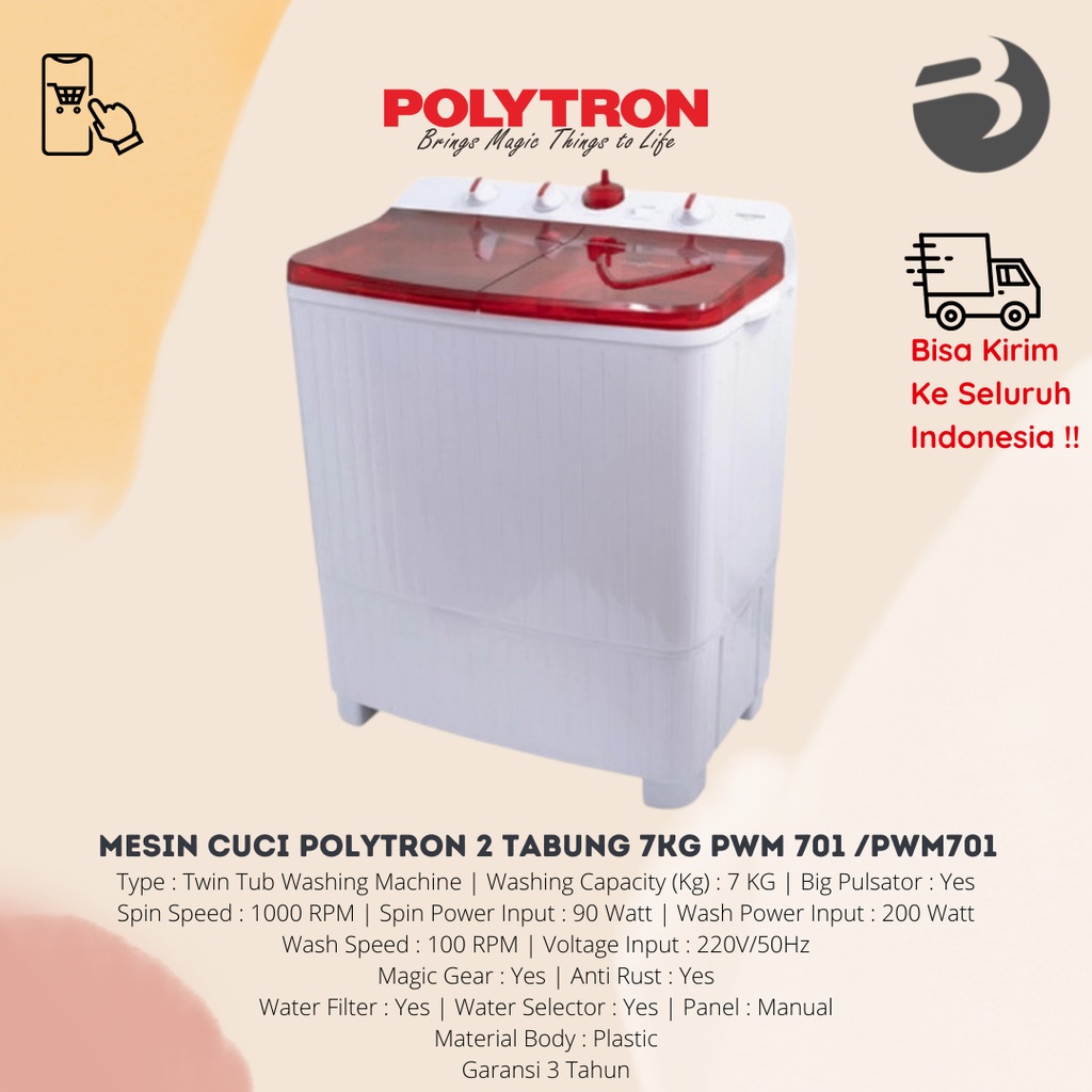 Mesin cuci POLYTRON 2 tabung 7KG PWM 701 /PWM701