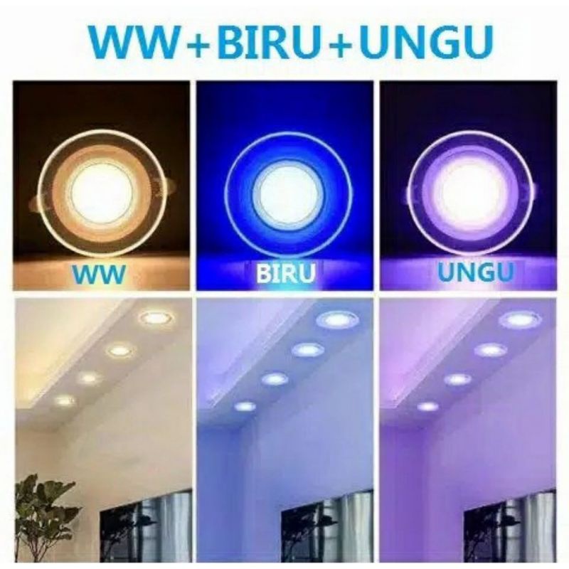 Lamou downlight 3 cahaya Kuning Biru Ungu 6w  lampu tempel Langit Langit 220volt