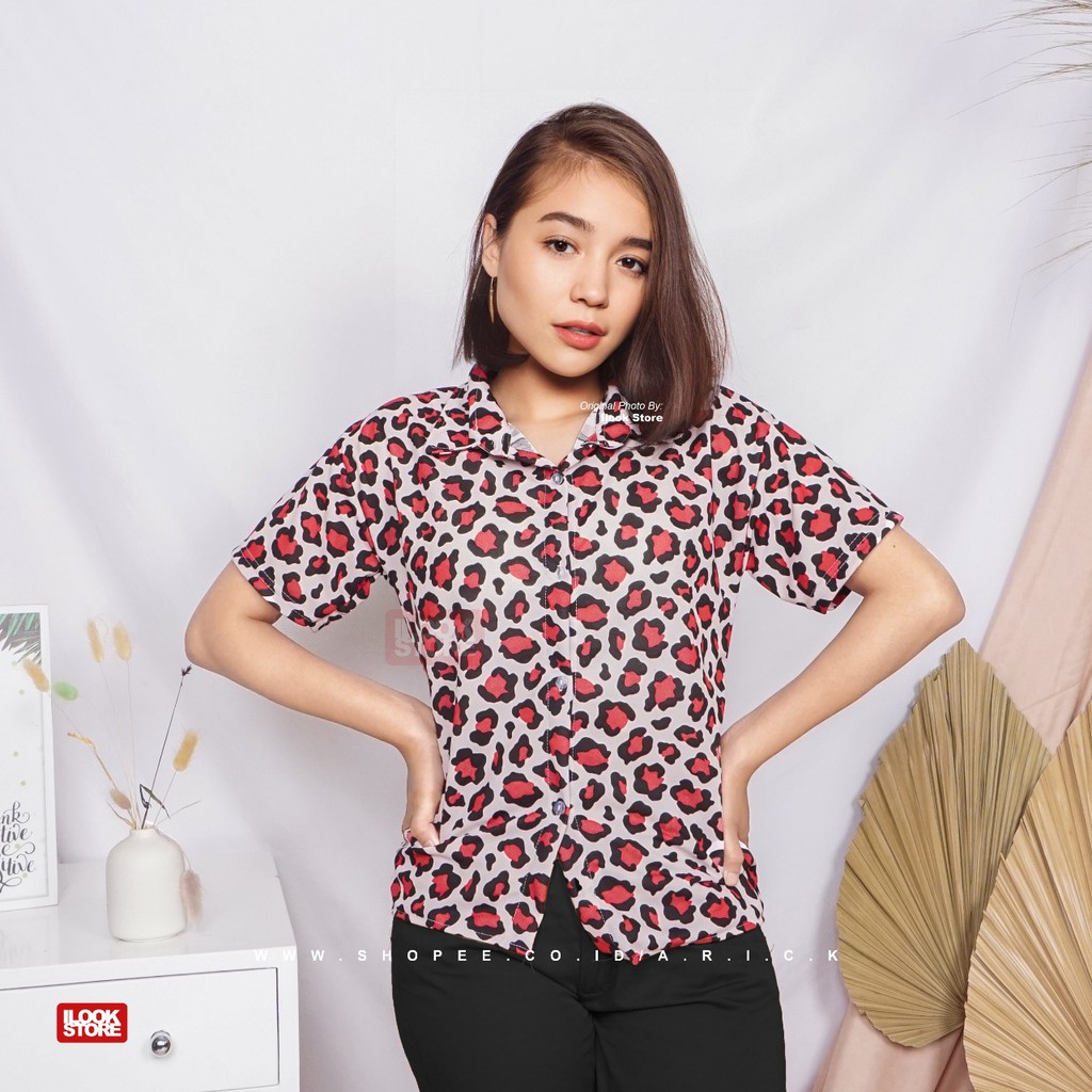 ilook | Kemeja Cute Leopard | Kem Cute Leo | Kemeja Wanita Bahan Creap-MAROON