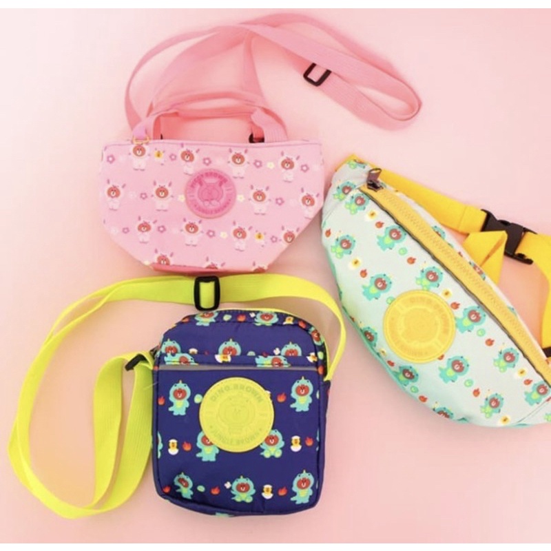 sling bag / tas anak balita / bag line friends jungle dino piggy brown