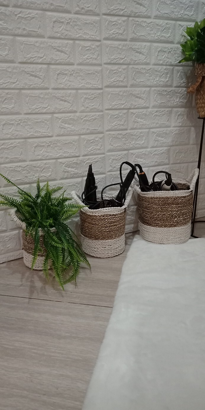 Keranjang Meja Set Isi 3pc White Anyaman Cover Pot Tanaman/scandynavian