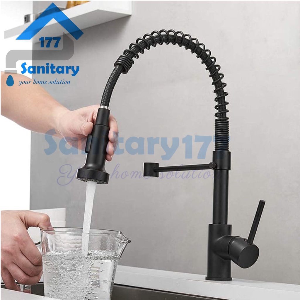 Kran cuci Piring Tarik panas dingin Stainless 304 HITAM 50A-Keran air  sink hotel resto dapur kitchen sink  black matte flexible stenlis