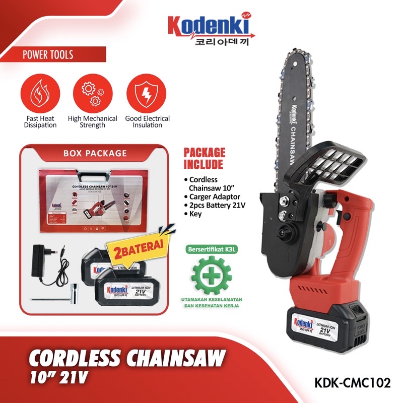 Chainsaw Cordless 21V 10 Inch Kodenki Mesin Chain Saw Gergaji Potong Kayu Pohon Baterai Batre Portable