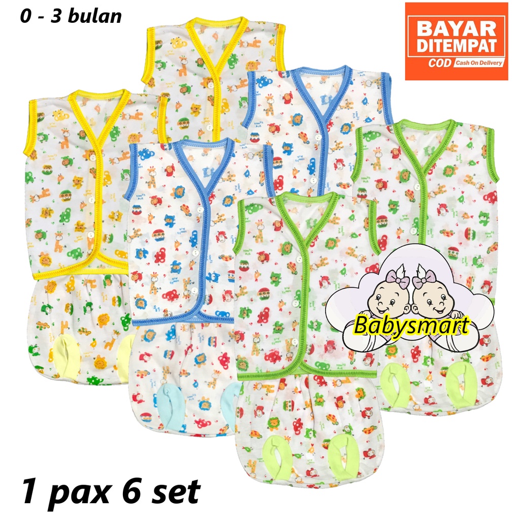 Babysmart - 6 SET Setelan Baju Bayi Kutung+Celana Kacamata Motif TABUR umur 0-3 bulan/baju anak laki-laki/perempuan