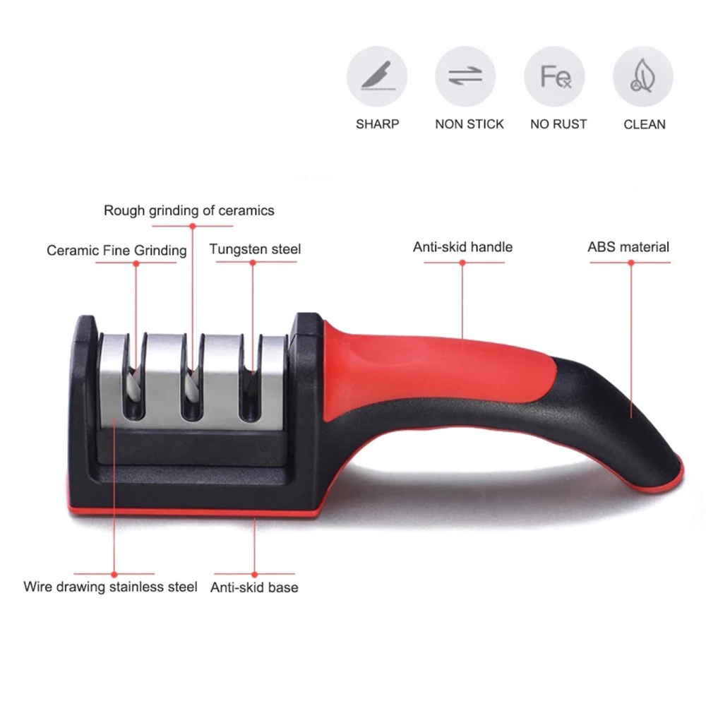 Alat Pengasah Pisau Pegangan Egornomis 3 Tahap Asahan Penajam Anti Tumpul Anti Karat Peralatan Dapur Manual Knife Sharpener