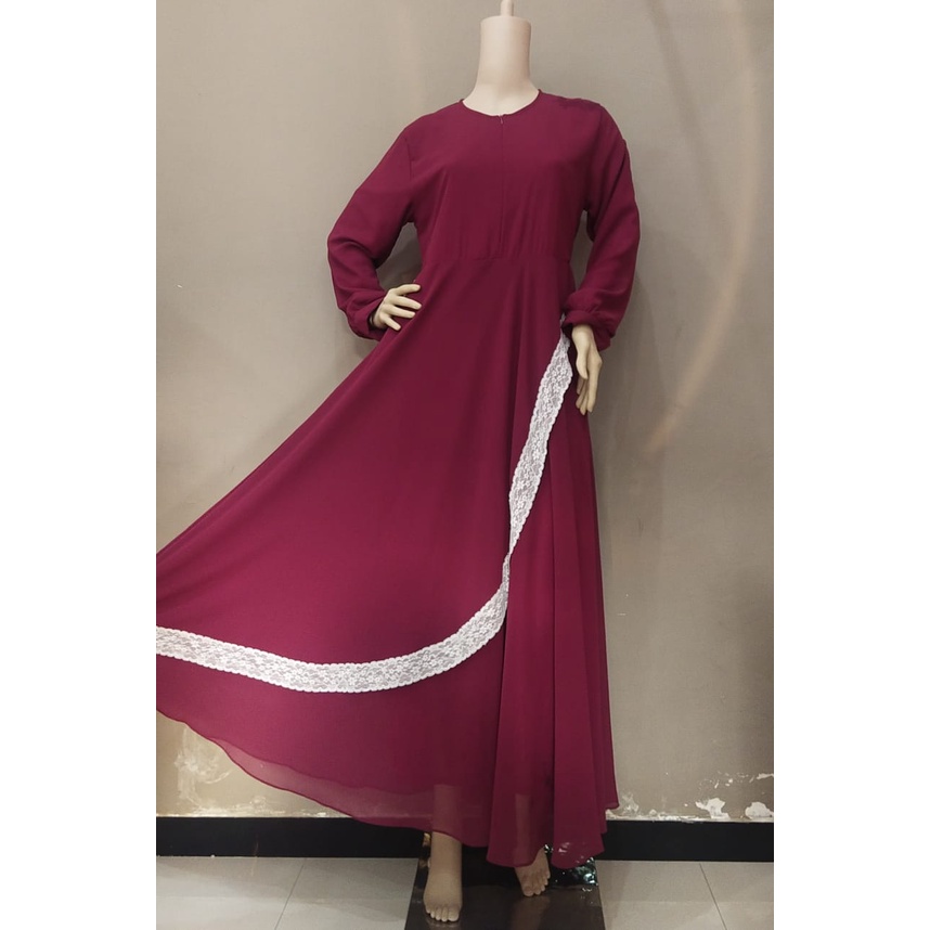 Gamis polos maroon renda bahan sifon