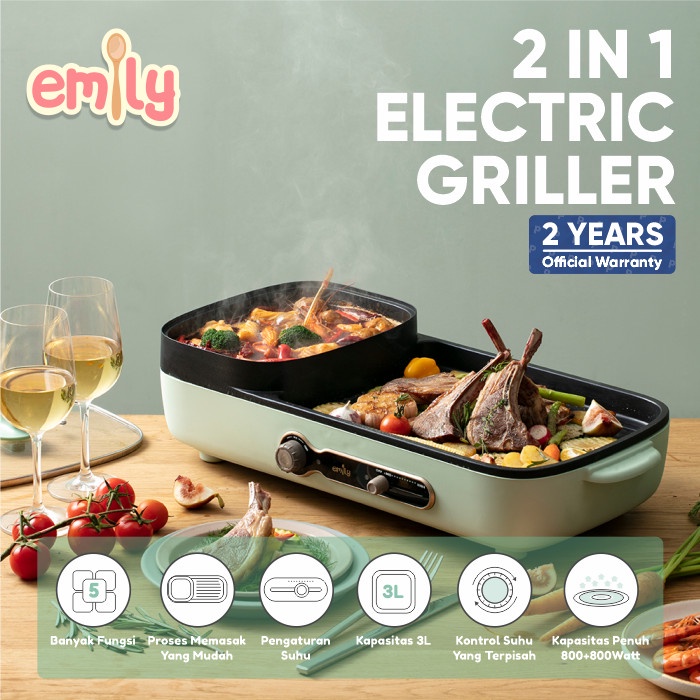 Emily 2in1 Electric Grill &amp; Hot Pot / Pemanggang &amp; Perebus Makanan