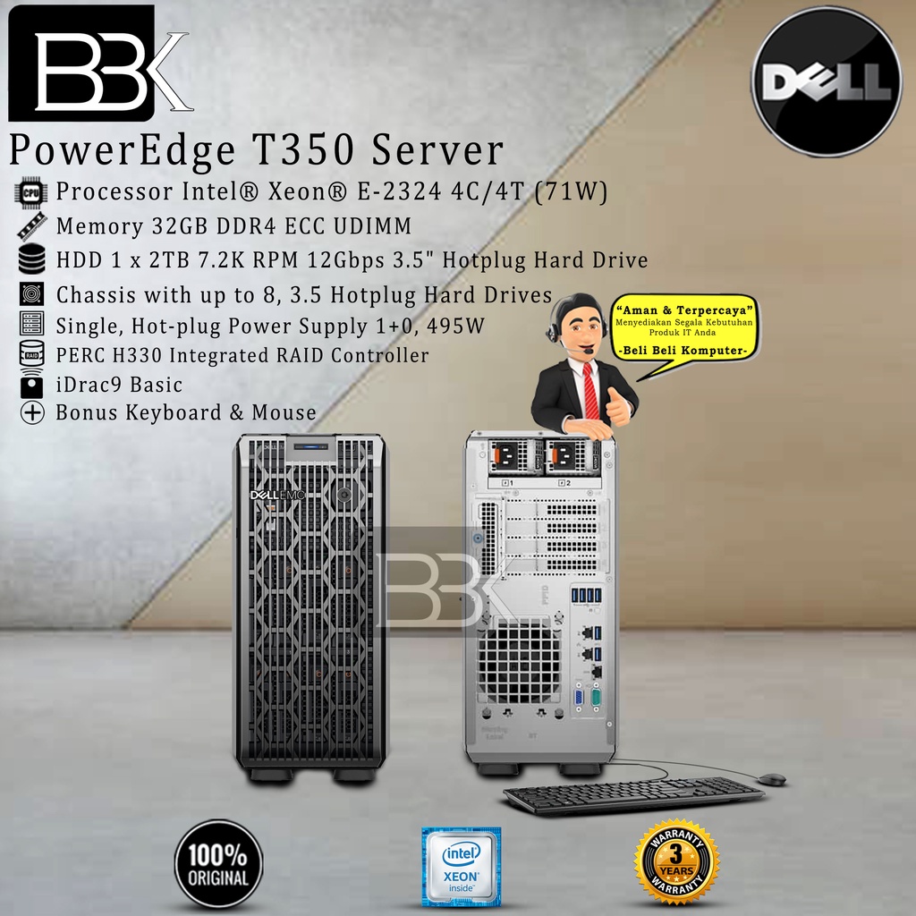 Server Dell PowerEdge T350 Intel Xeon E-2324G 32GB 2TB NLSAS DVDRW 3Yr