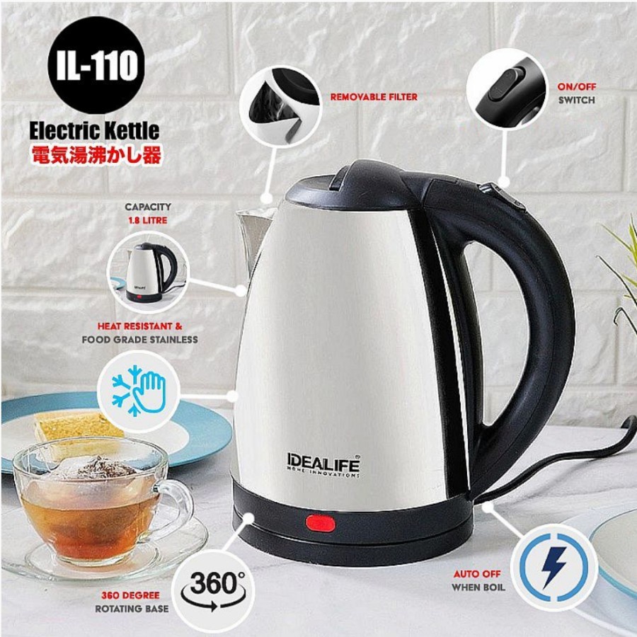 IDEALIFE Kettle Listrik Kapasitas 1,8 Liter Low Watt IL-110 - Teko Listrik Stainless Steel