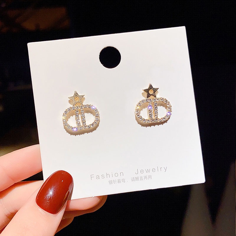 Anting 925 silver needle Aksen Berlian Zirkon Bersinar Desain Huruf