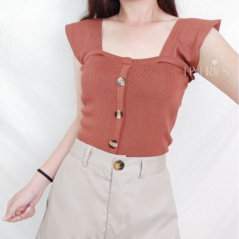 HYERIES NELL Atasan Casual Wanita Rajut / Korea Square Neck Knit Top Buttons / Knitwear Wanita