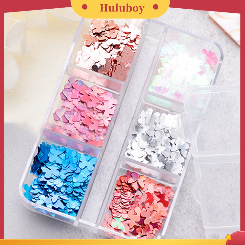 Huluboy Huluboy♡ 6 Grid / Kotak Sequin Bentuk Kupu-Kupu Untuk Nail Art Butterfly