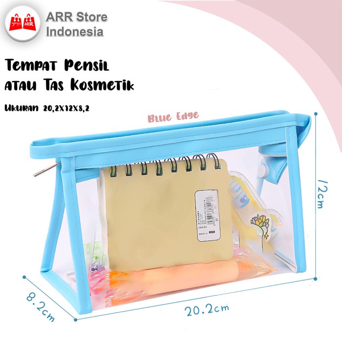 Tempat Pensil Pouch Kosmetik Ritsleting Transparan Blue Edge