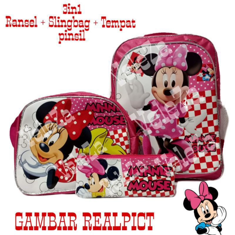 Tas ransel anak karakter minnie mouse 3in1 - tas + slingbag + tempat pinsil