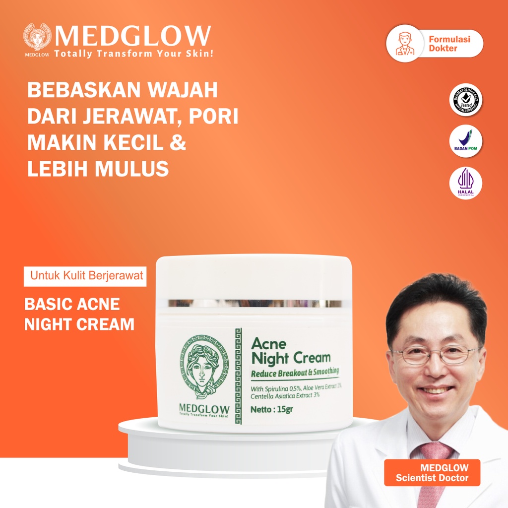 𝐌𝐄𝐃𝐆𝐋𝐎𝐖 𝐂𝐋𝐈𝐍𝐈𝐂 Basic Acne Night Cream | Skincare Krim Malam Anti Jerawat Berminyak Dokter BPOM HALAL