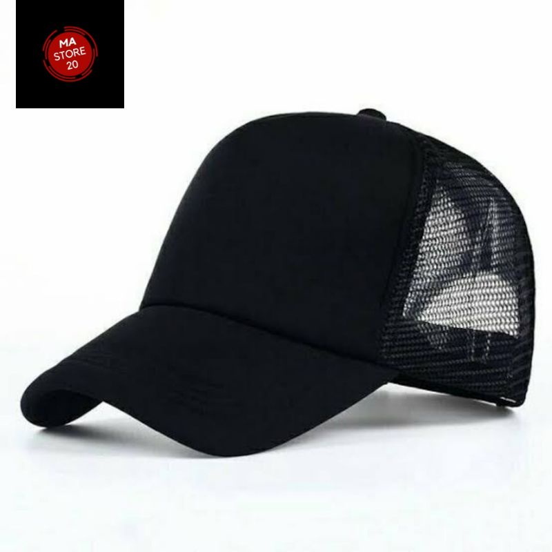 TOPI TRUCKER - Masker Hitam polos - kain 3 lapis 3PLY - scuba - hijab Earloop -  anak dewasa