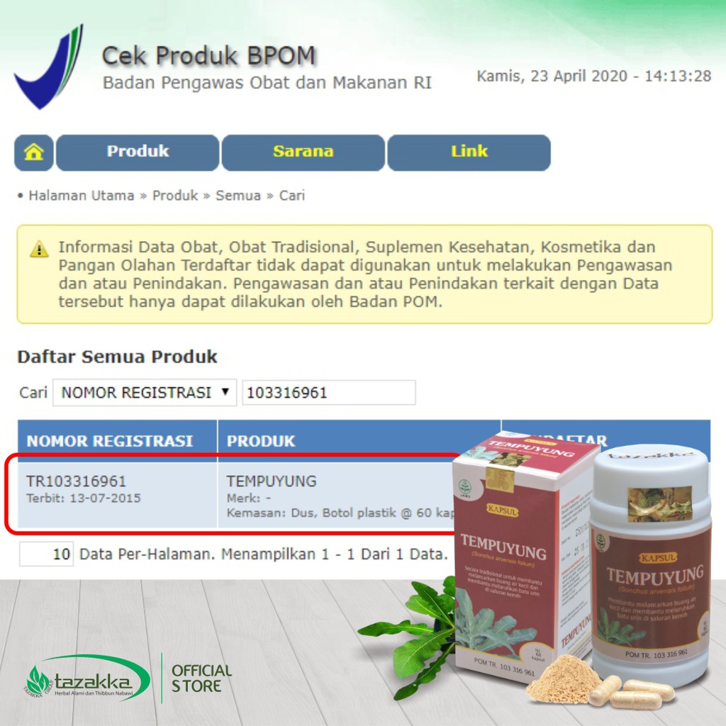 Obat batu ginjal | Kapsul Herbal TEMPUYUNG Tazakka isi 60 Kaps | Obat Peradangan yang BPOM ORIGINAL