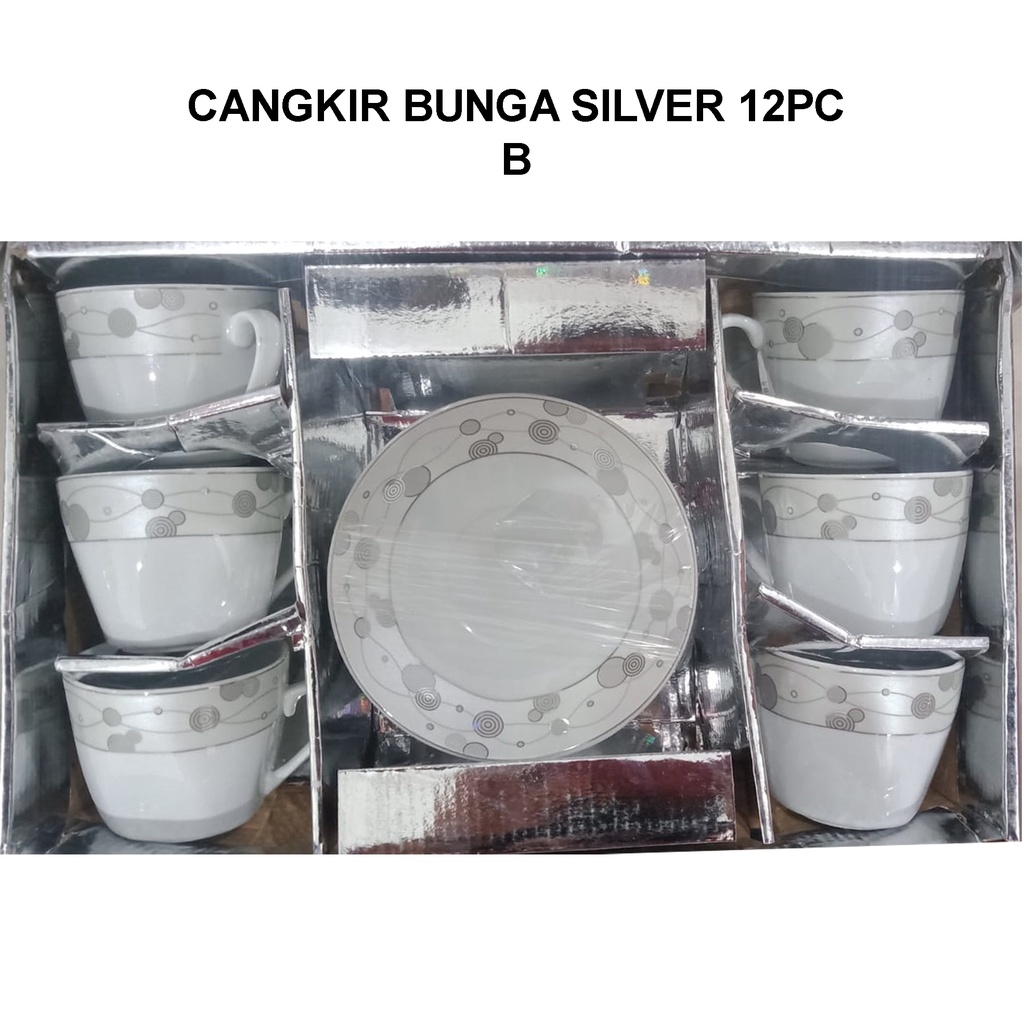 Cangkir Teh Keramik Bunga Silver SET 12 Hampers Hadiah Gift Box