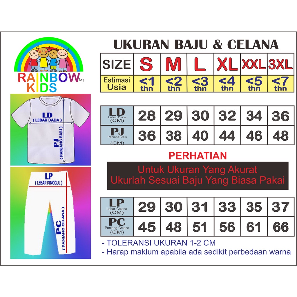 RAINBOW SETELAN / SET BAJU ANAK COWOK / CEWEK UNISEX CELANA PANJANG CP 1-8 TAHUN FULLPRINT &quot;WHITE SERIES&quot;