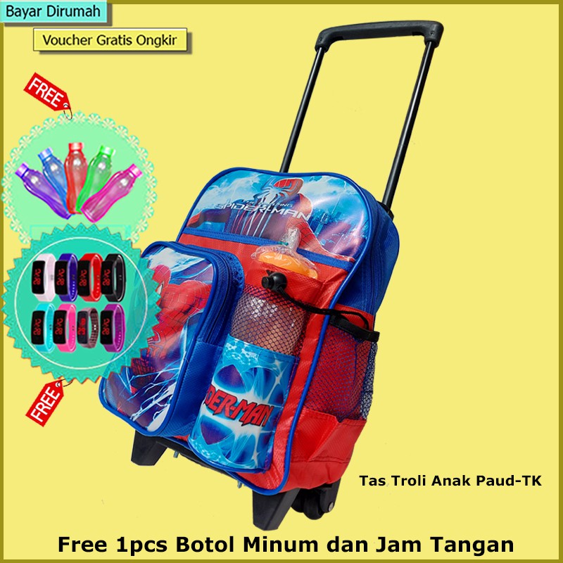 Tas Ransel Roda Anak Tas Troli Anak Cowok Cewek TK 2in1 Bisa Roda&amp;Ransel FREE BOTOLMINUM+JAM MAINAN