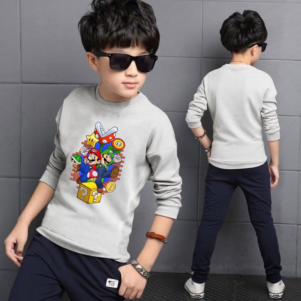 Jaket sweater anak laki - laki usia 2 3 4 5 6 7 8 19 10 tahun / switer crewneck basic anak laki laki perempuan karakter hero mario bros