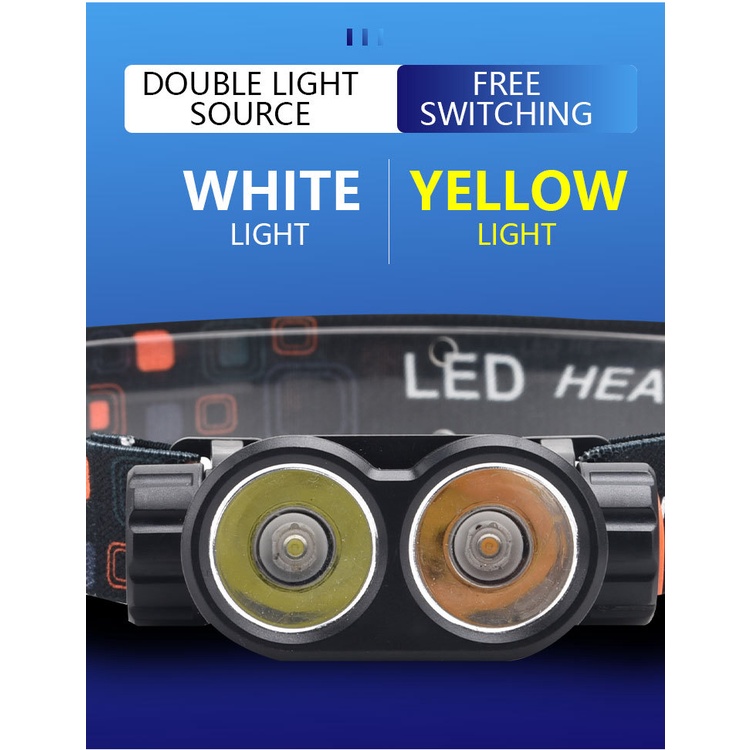 Senter Kepala 2 Led Putih dan Kuning Bluid Baterai Anti Air Waterproof