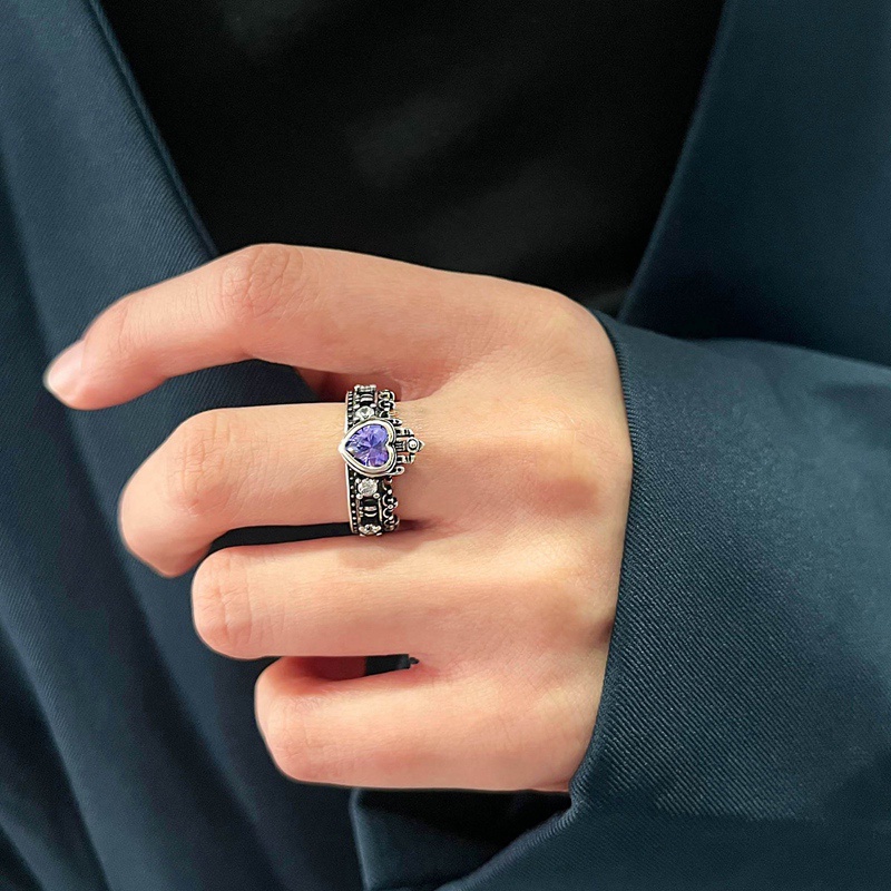 Cincin Model Terbuka Desain Mahkota Hati Bahan Zirkon Warna Silver Gaya Retro Untuk Wanita