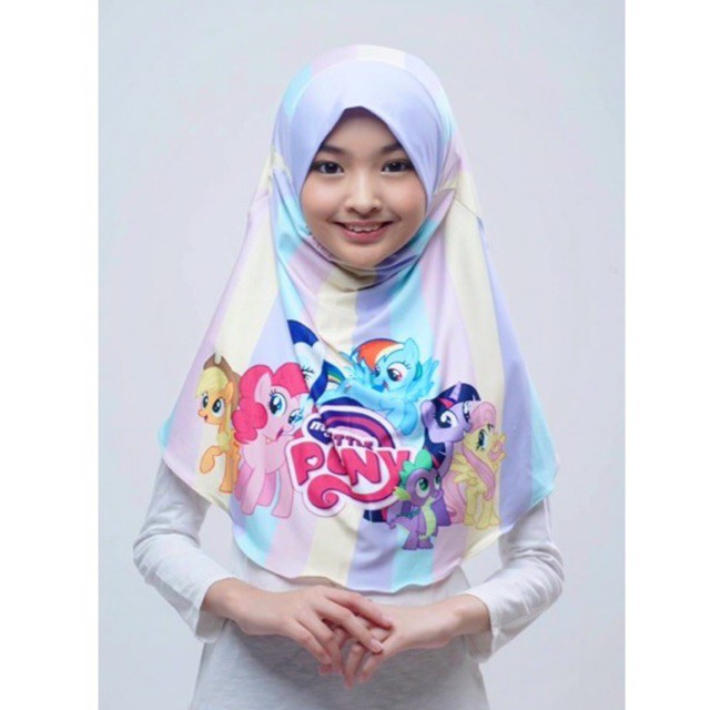 BERGO HIJAB INSTANT PRINTING MOTIF LITTLEPONY , HIJAB INSTANT ANAK LUCU KARAKTER , JILBAB ANAK LUCU