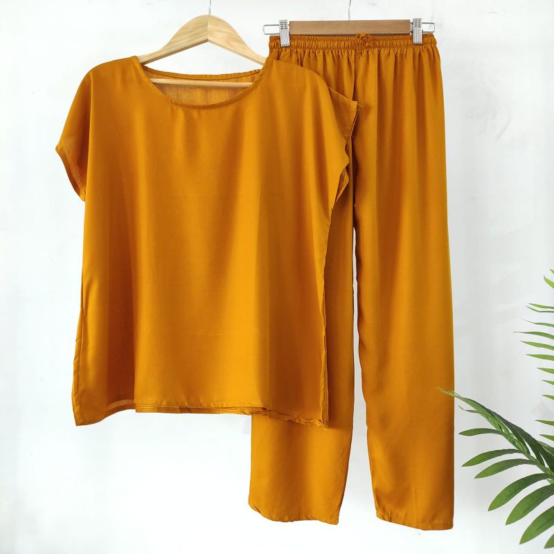 BAJU TIDUR POLOS PIYAMA POLOS CELANA PANJANG LENGAN PENDEK BAHAN RAYON babbydoll-POLOS KUNYIT