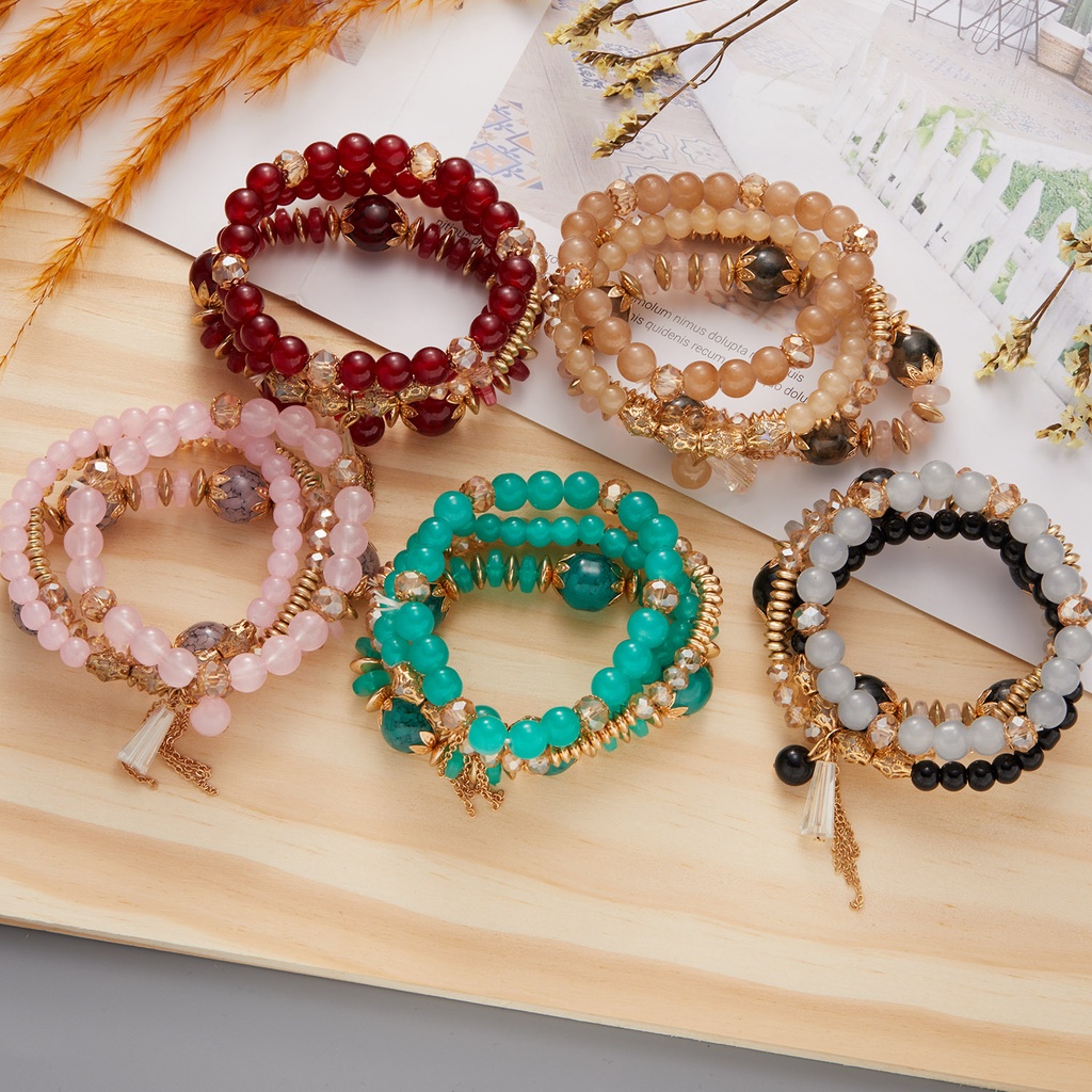 4pcs Gelang Tangan Wanita Manik Kristal Multi Layer Gaya Boho Untuk Hadiah