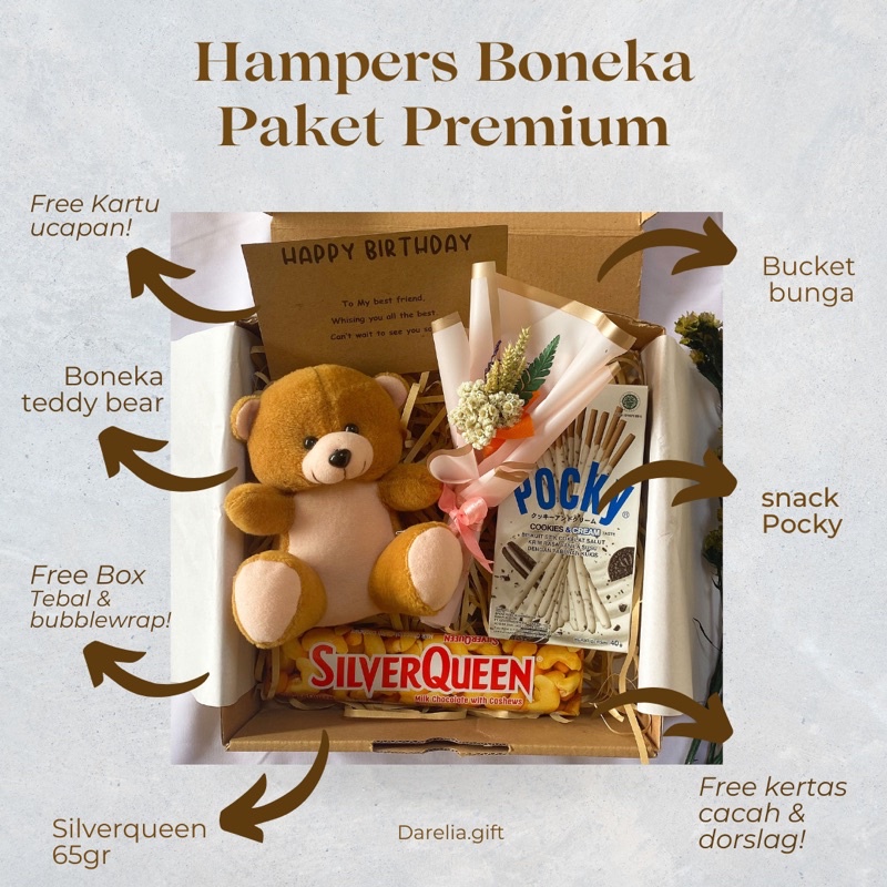 READY/ HAMPERS BONEKA DAN SNACK/ HAMPERS ULANG TAHUN/ KADO ULANGTAHUN/ KADO CEWE/ KADO WISUDA/ HAMPERS WISUDA/HAMPERS GEMESH