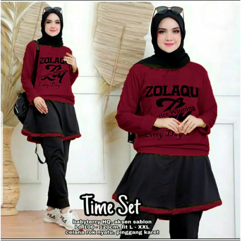 Stelan senam olahraga wanita model muslim  baju kaos tunik muslimah time training murah gym gowes ae