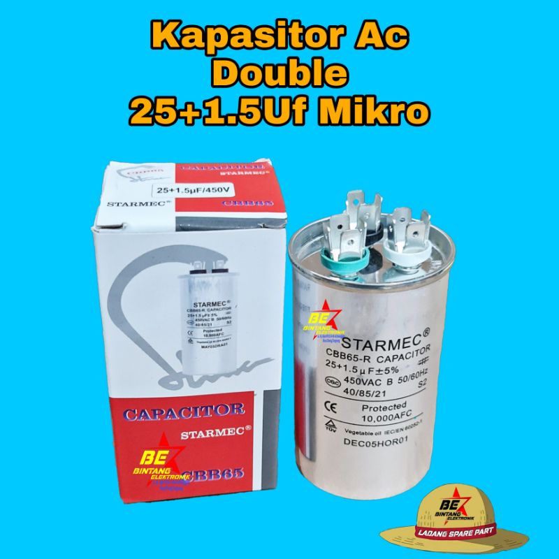 KAPASITOR AC 25 + 1.5 UF CAPASITOR AC DOUBLE 25+1.5 MICRO KAPASITOR AC GANDA 25/1.5 MIKRO 400/450VAC smc