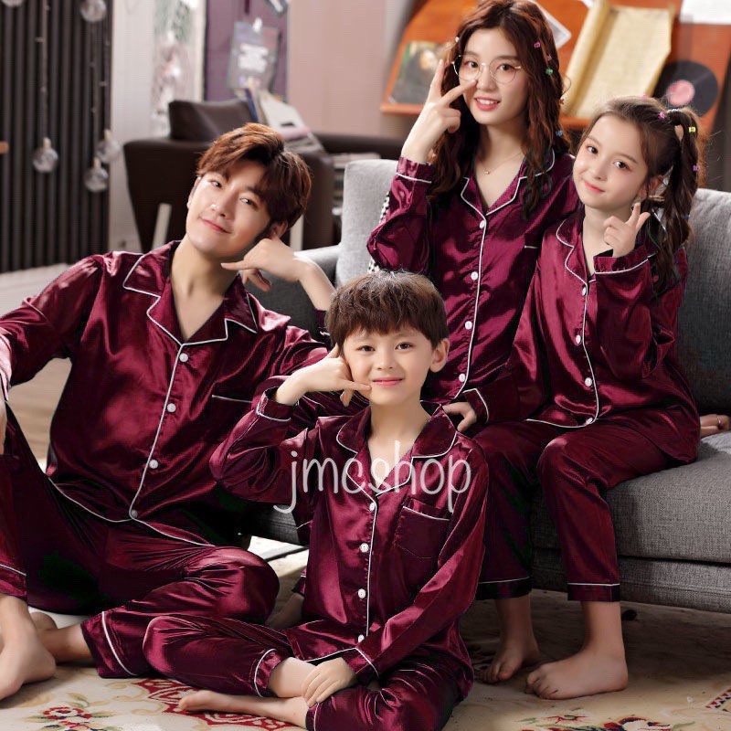 piyama couple keluarga satin Maroon polos lengan panjang celana panjang