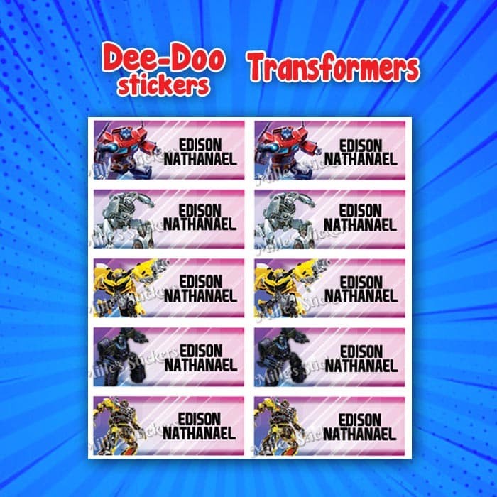 

Sticker label nama anak waterproof karakter Transformers