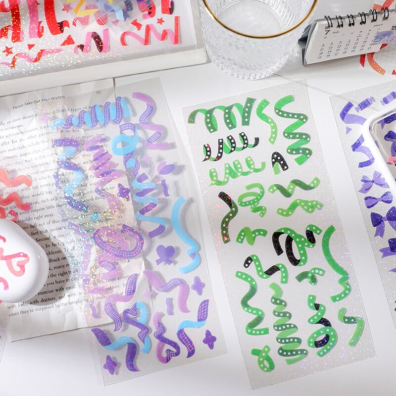 

(ItsPico) 1 Sheet PVC Glitter Ribbon Sticker Toploader Decorative