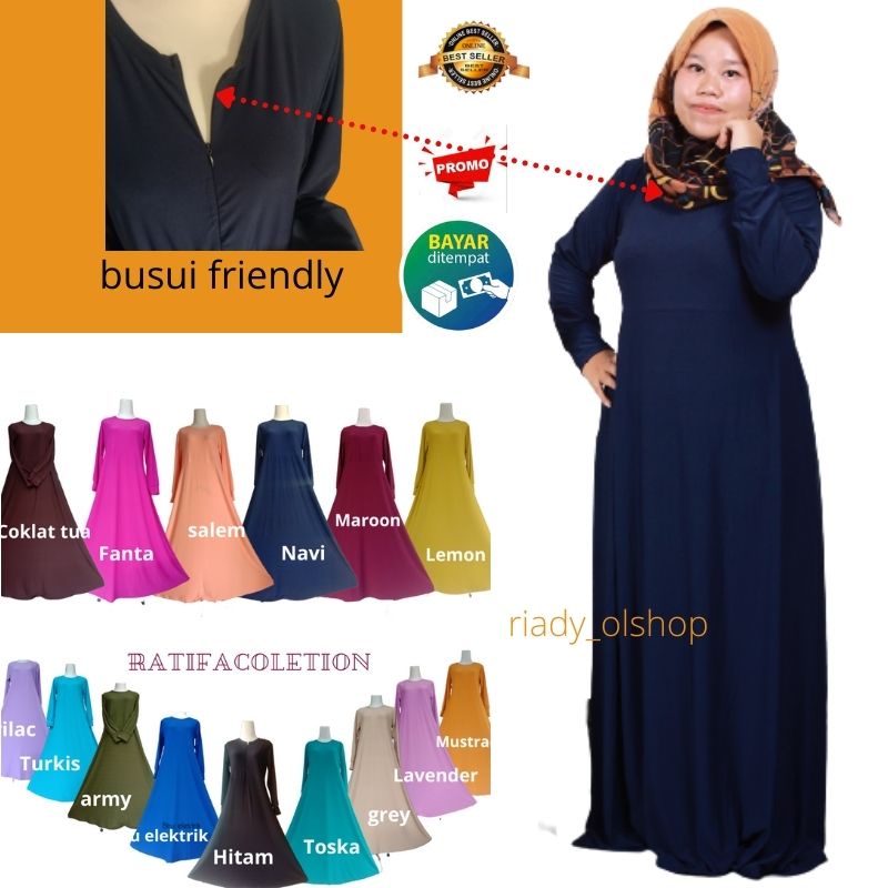 Gamis Jersey Polos Dewasa All Size M,L, XL|Busui Resleting Depan/Baju Muslim || By Ratifa Collection