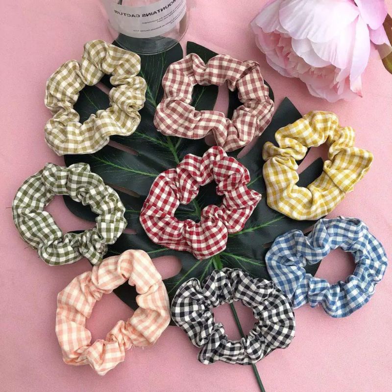 Ikat Rambut Jaring Ikat Rambut Wanita Anak Motif Kotak Vintage Fashion Korea Kekinian Karet Ikat Rambut Scrunchie