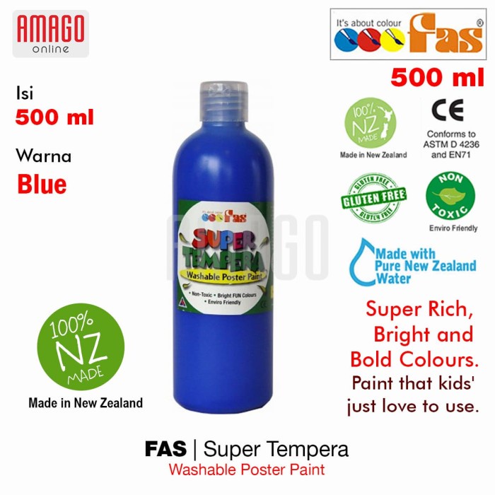 FAS - SUPER TEMPERA WASHABLE POSTER PAINT - 500 ml - BLUE - 048