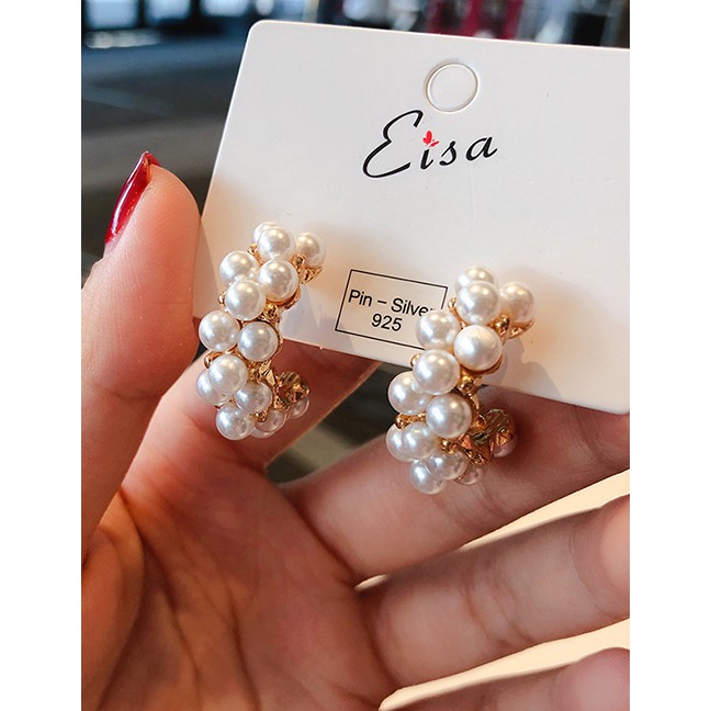 LRC Anting Tusuk Fashion Gold 925 Silver Needle Pearl C-shaped Earrings D15271