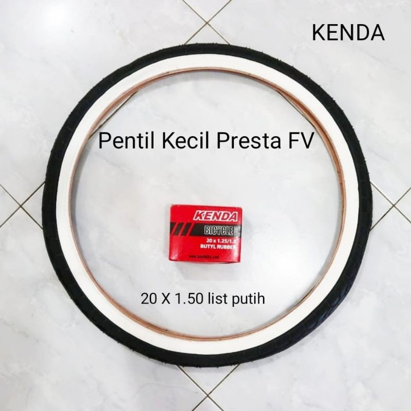 PAKET HEMAT BAN SEPEDA 20 X 1.50 KENDA LIST PUTIH PLUS BAN DALAM PENTIL KECIL PRESTA FV UNTUK SEPEDA
