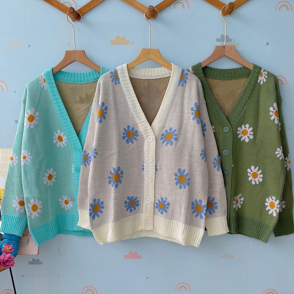 Sunflower Cardigan Rajut Cewek Remaja Korea Motif Bunga Cardygan Wanita Rajut Korea Panjang Kekinian