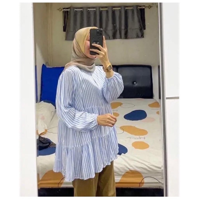 Salora Blouse Salur Rayon Atasan Salur Ruffle Wanita Premium