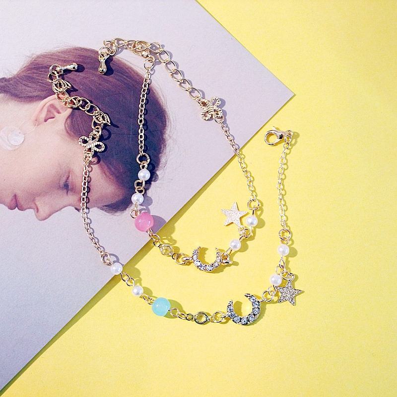 Gelang Rantai Tangan dengan Charm Bentuk Bulan, Beads Marmer untuk Wanita