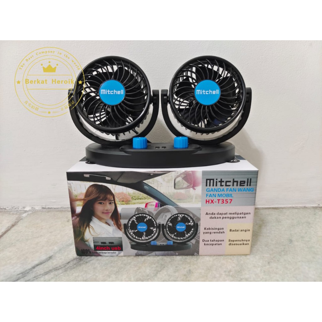 MITCHELL HX-T357 12V DC 2USB 2A + ON-OFF swing kipas mobil double fan