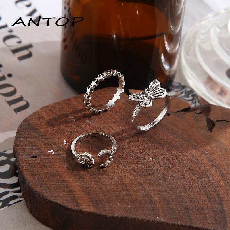 3pcs / Set Cincin Model Terbuka Desain Matahari Butterfly Gaya Retro